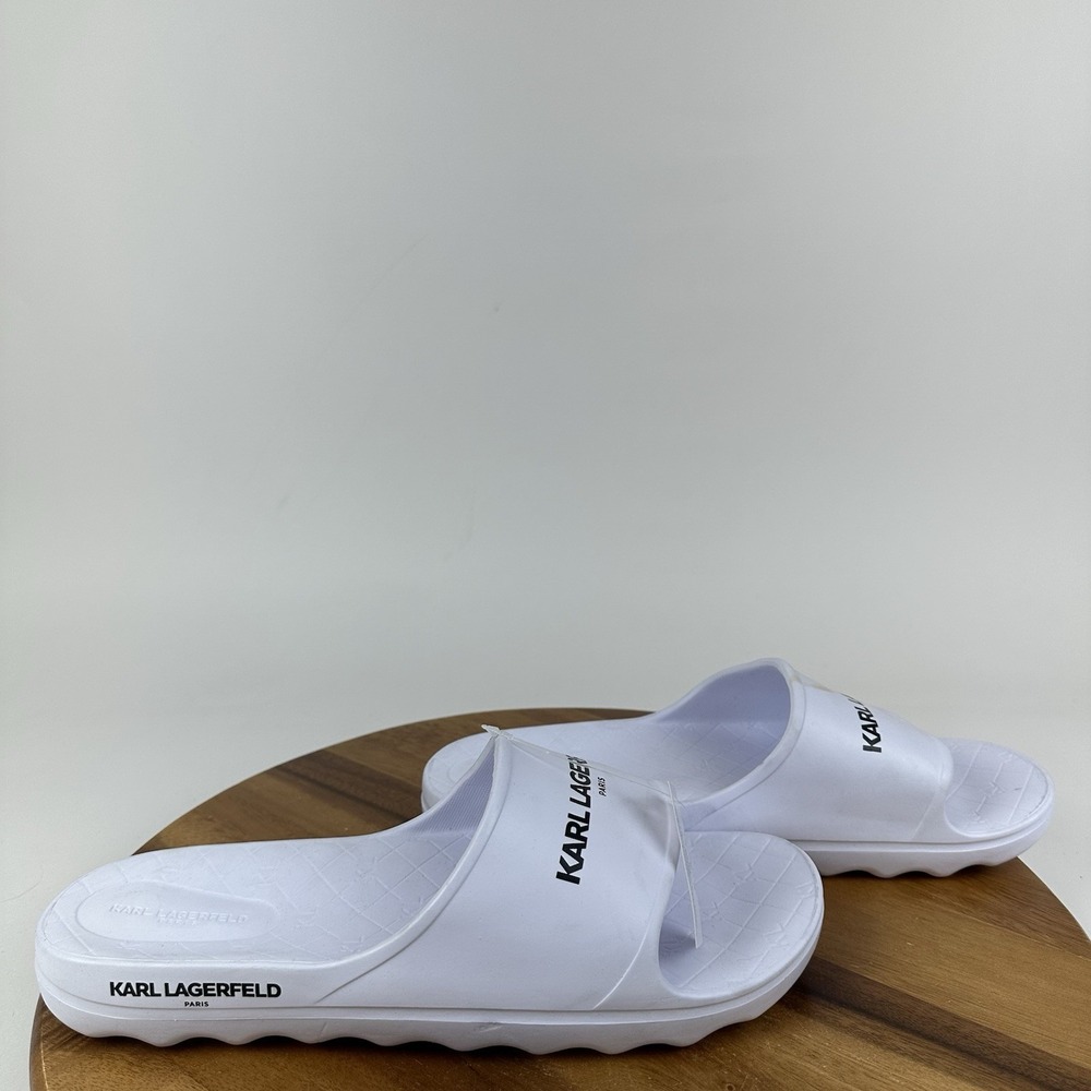New NWT Mens Karl Lagerfeld Paris Signature Logo White Slides Sandals Size 12 D